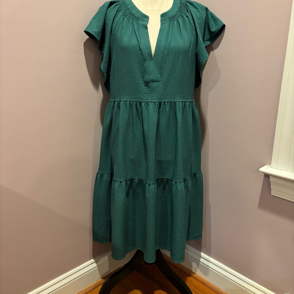 Calvin Klein Green Tiered Midi Sundress with Flutter Sleeves